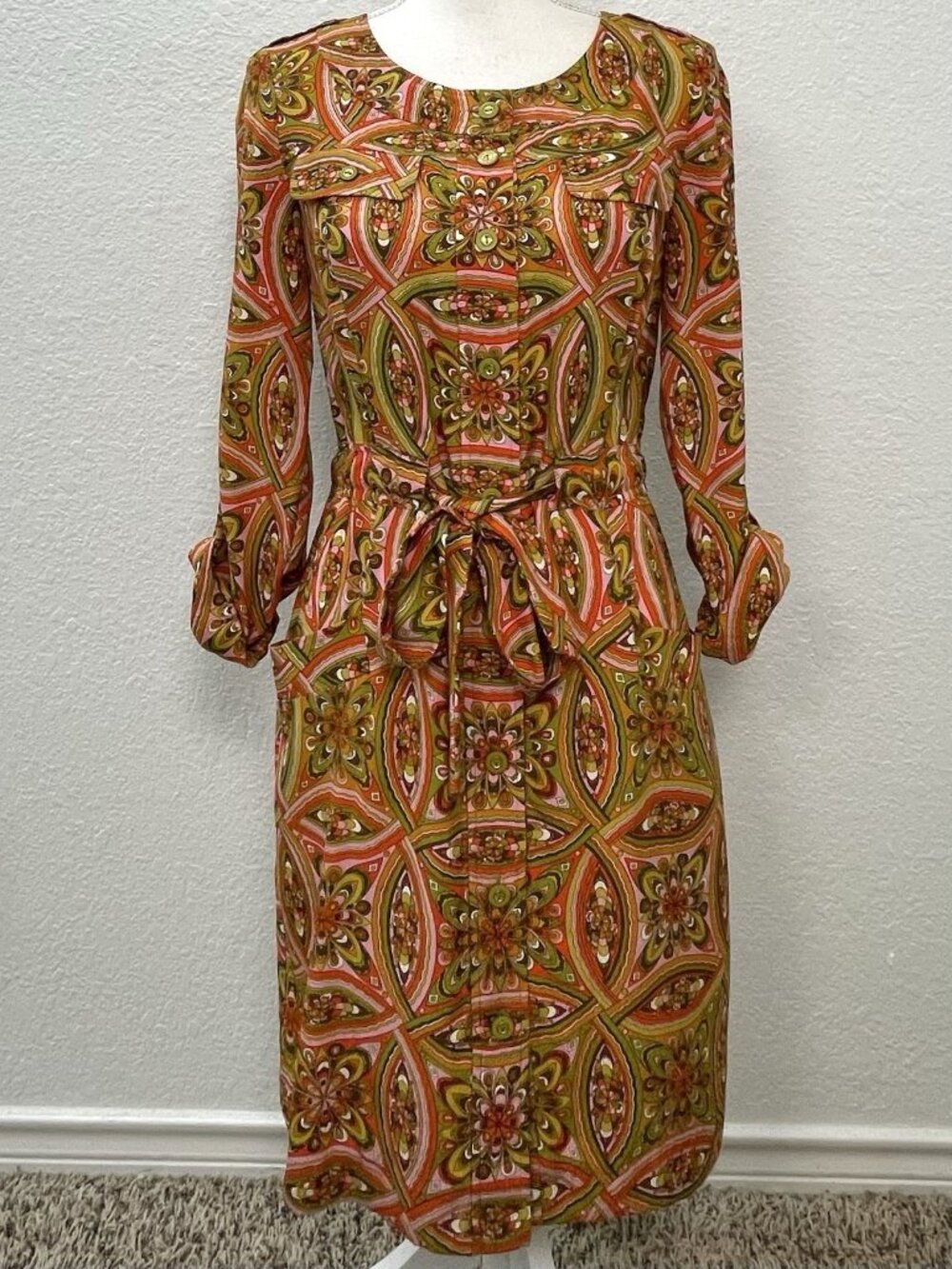 BETH BOWLEY Womens 2 Pink/Green Paisley 100% Silk Shirt DRESS Psychedelic Boho